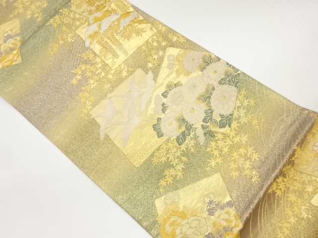 彩美二重箔金彩色紙に花々・鶴・松模様織出し袋帯